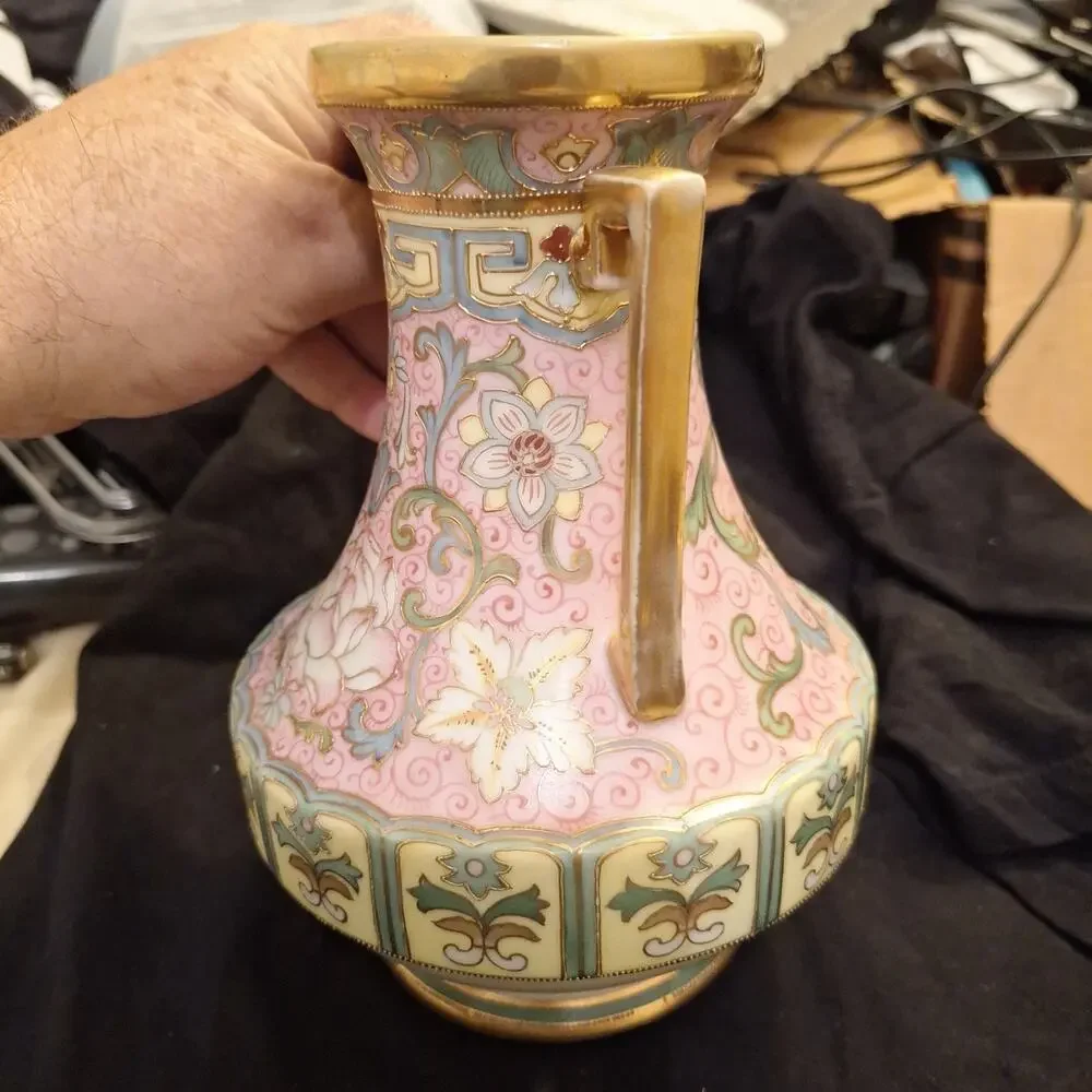 Antique Early 20th Century NIPPON JAPAN Gold Yellow Pink Pastel 8” VASE